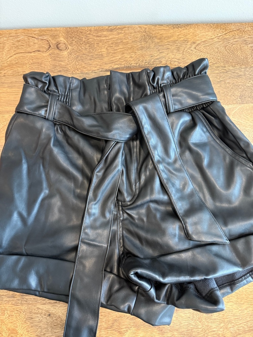 superdown Black Faux Leather High-Waist Paperbag Shorts with Tie